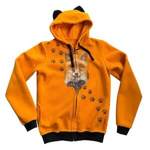 Cute Orange Fox Print Zip-Up Hoodie | Cat Ear Hood Size S-M